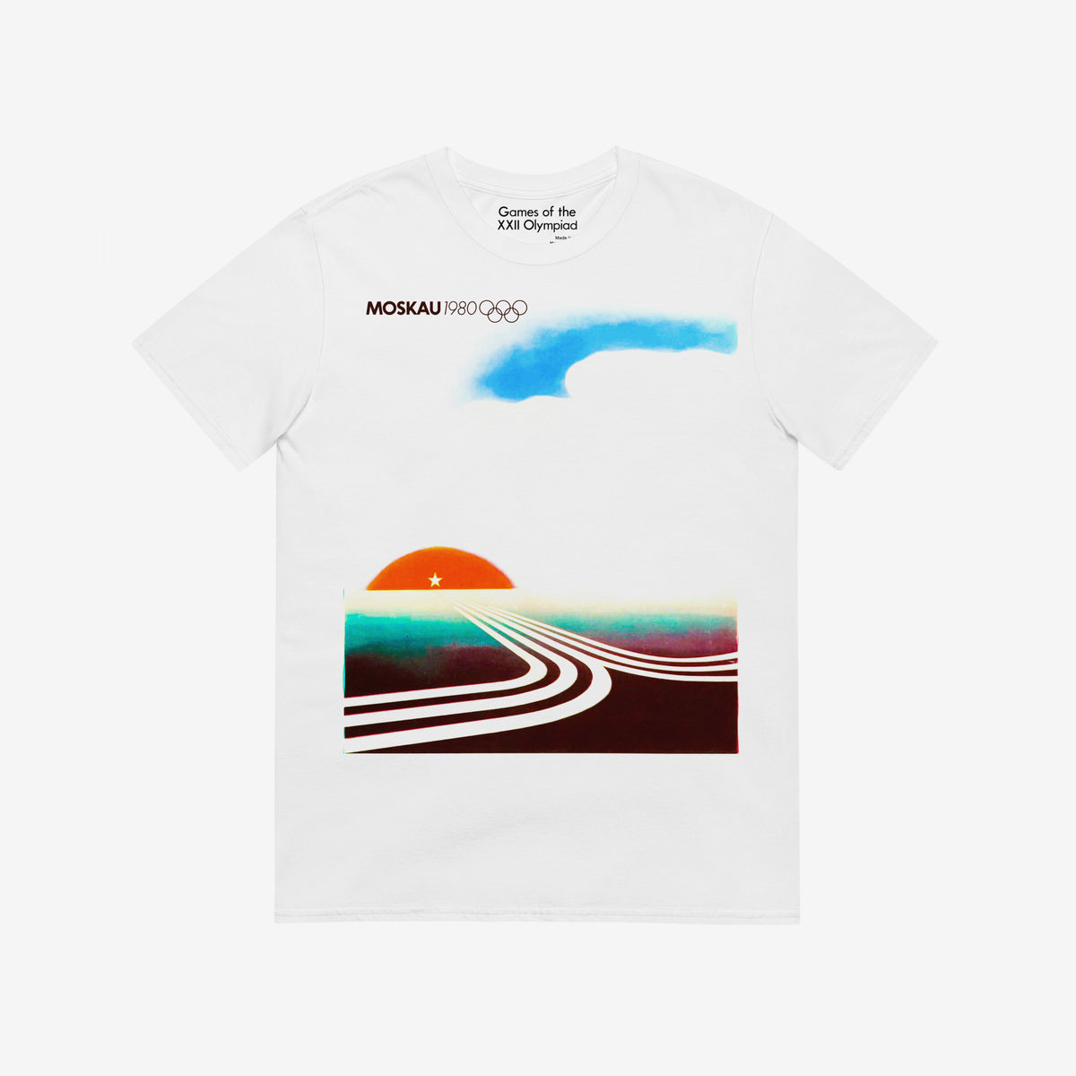 T-shirt featuring original vintage Soviet sport promotion art with text MOSCAU 1980, MOSCOW 1980 logo and minimalist composition with rising sun and roads made of stylised Moscow 1980 logo going towards it