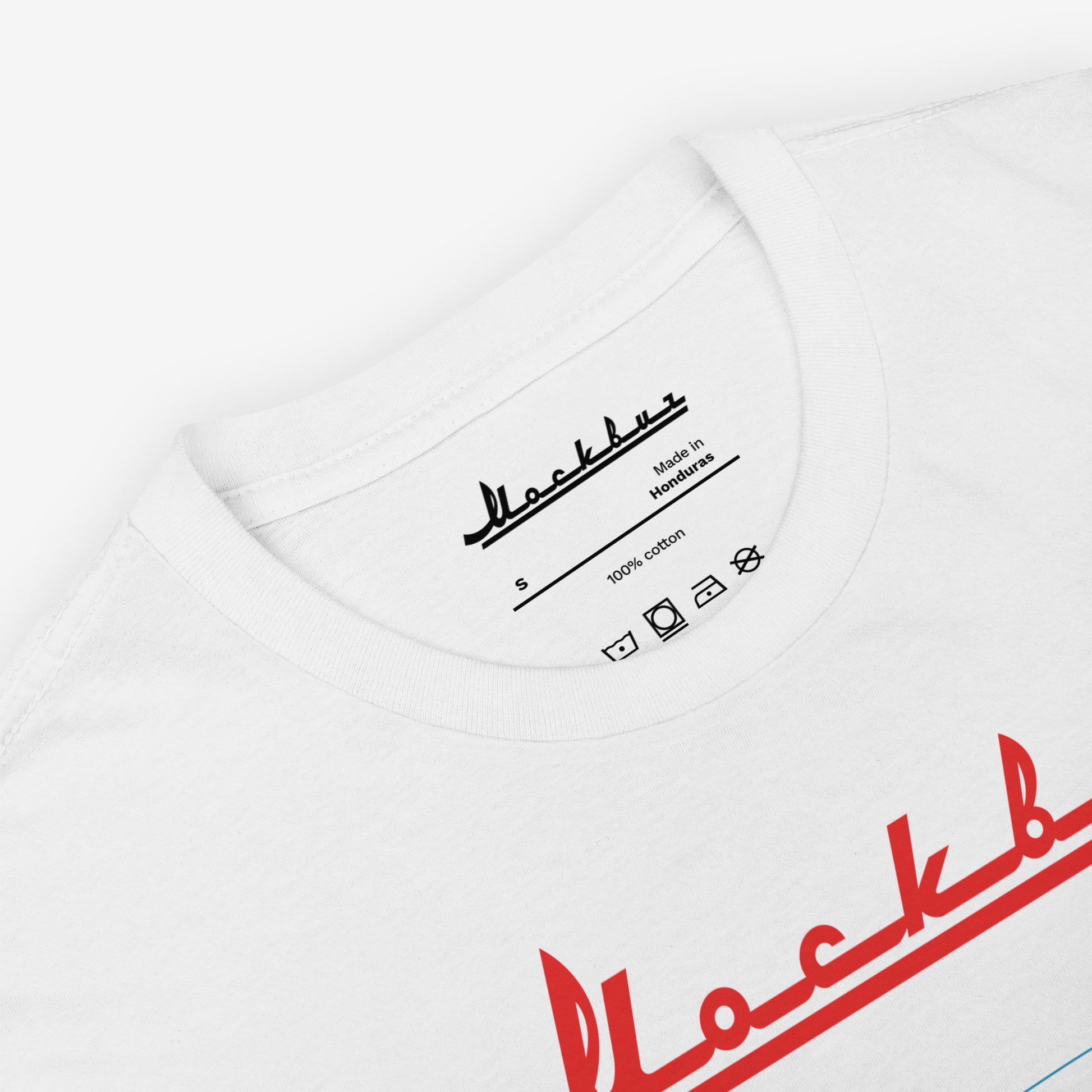 White unisex T-shirt with legendary Moskvich 412 large minimalist graphic. Original Soviet design. Closeup print details with Moscvich logo on the necktag. Exclusive to www.artsoviet.com