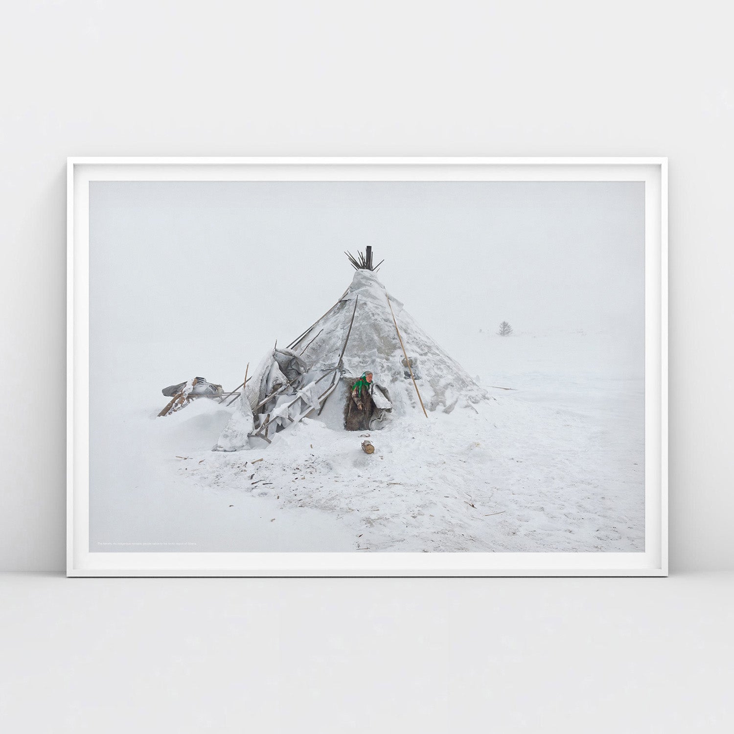 Photo of Nenets woman in traditional clothing near chum tent house in Arctic snow. Siberian indigenous poster. From artsoviet.com