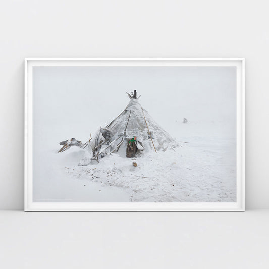 Photo of Nenets woman in traditional clothing near chum tent house in Arctic snow. Siberian indigenous poster. From artsoviet.com