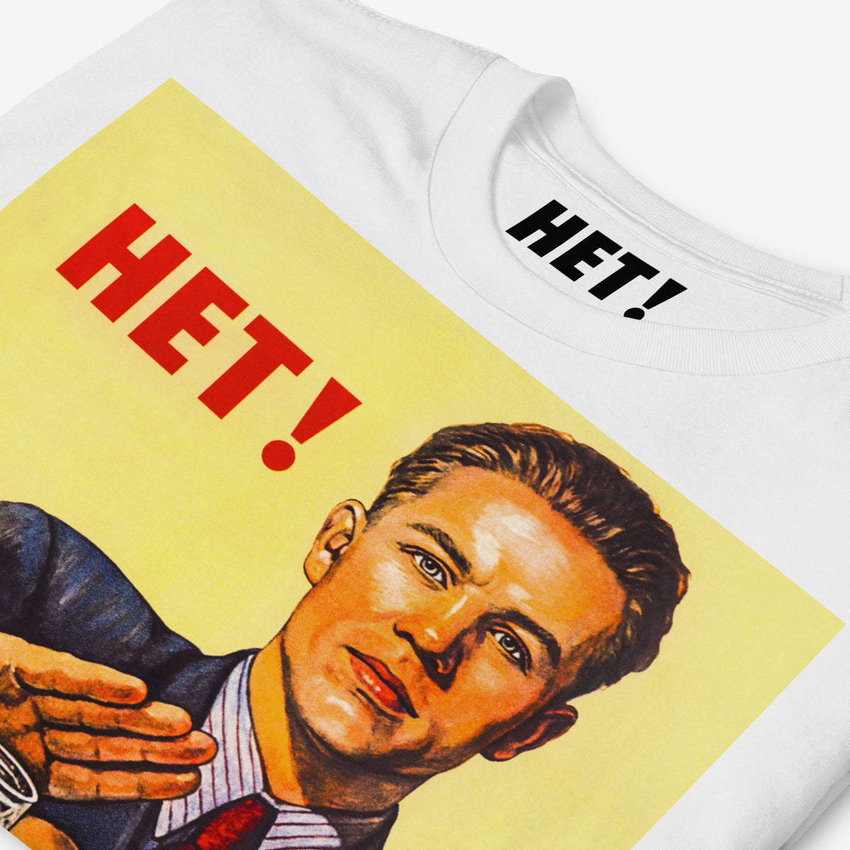 Vintage white Soviet tee featuring the iconic USSR anti-alcohol health propaganda with a man saying NO! (NET! - НЕТ!) to drinking. Closeup