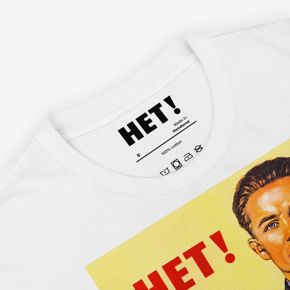 Vintage white Soviet tee featuring the iconic USSR anti-alcohol health propaganda with a man saying NO! (NET! - НЕТ!) to drinking. Necktag