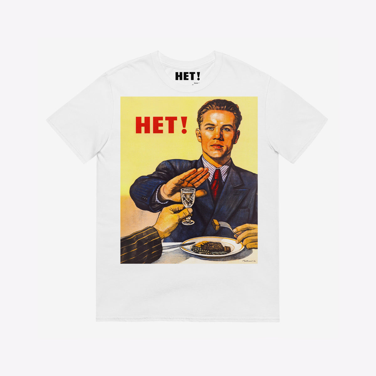 Vintage white Soviet tee featuring the iconic USSR anti-alcohol health propaganda with a man saying NO! (NET! - НЕТ!) to drinking 