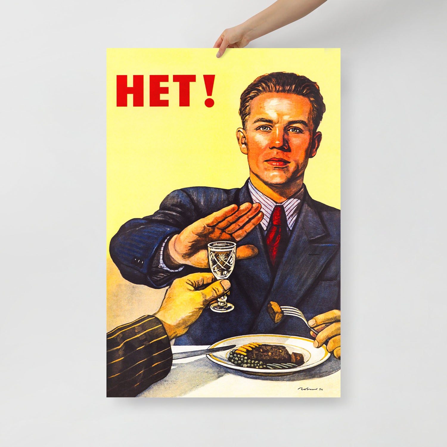 A hand holds large Viktor Govorkov poster “НЕТ!” 1954 Anti-Alcohol Propaganda Nyet Vodka Soviet Vintage Art Museum Quality Print. www.artsoviet.com