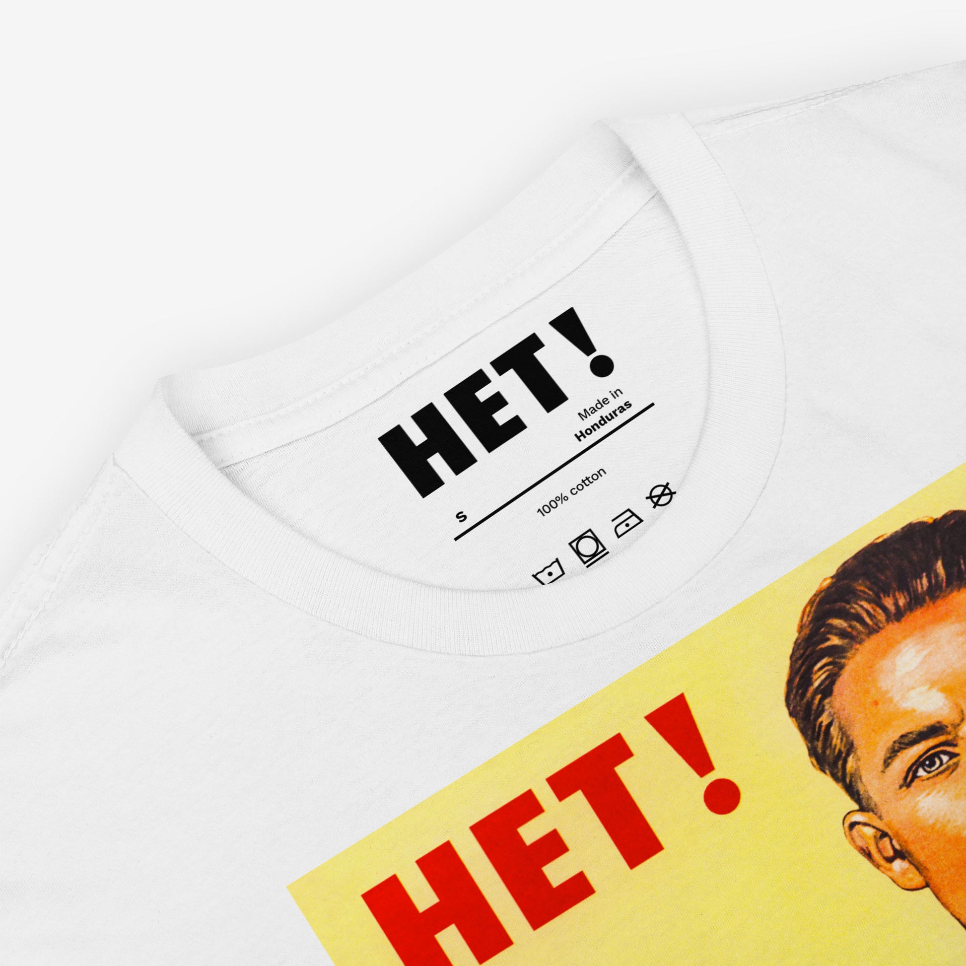 Vintage white t-shirt featuring the iconic Soviet propaganda 'NET' (НЕТ) alcohol refusal graphic with a man saying no to drinking. High-quality USSR art print, archival grade, 100% cotton. Closeup photo with branded necktag design. www.artsoviet.com