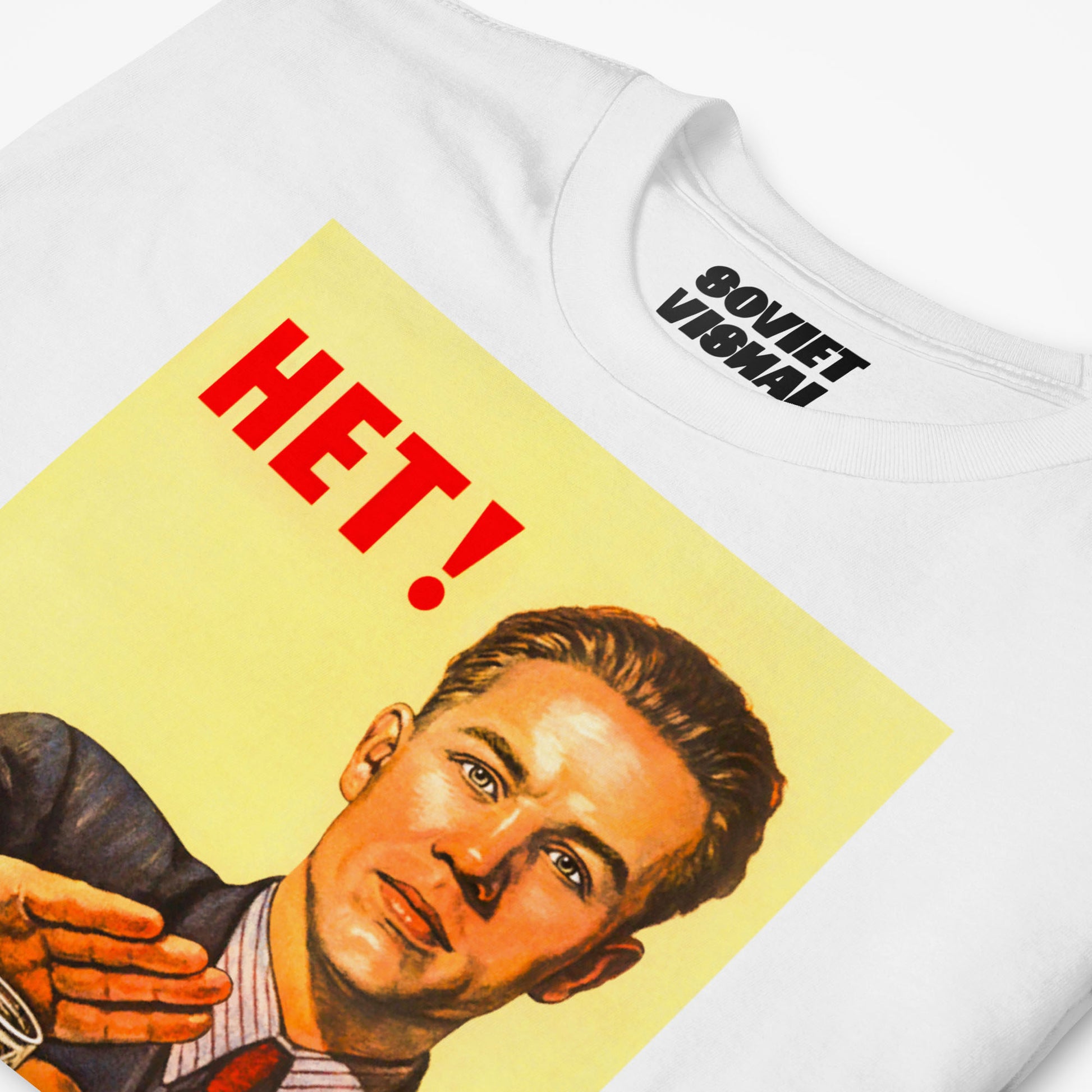 Soviet anti alcoholism propaganda print T-shirt with a man refusing an offer to have a drink - closeup photo