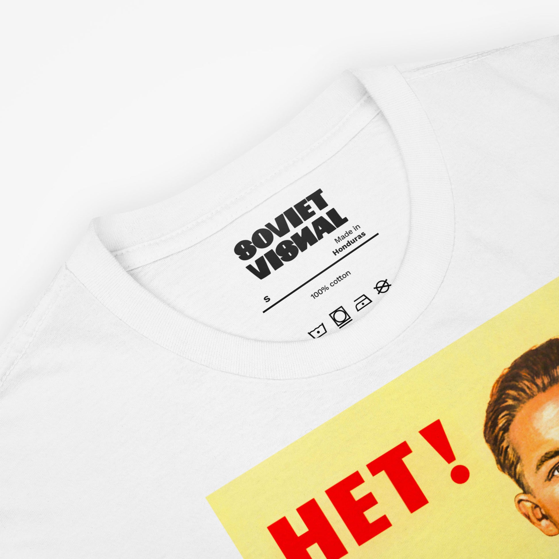 Soviet anti alcoholism propaganda print T-shirt with a man refusing an offer to have a drink - closeup photo