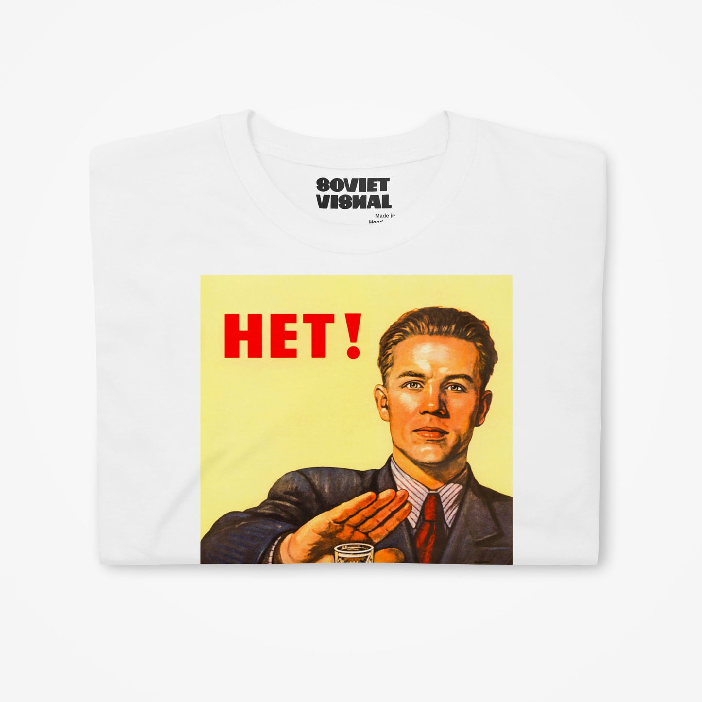 Soviet anti alcoholism propaganda print T-shirt with a man refusing an offer to have a drink - closeup photo