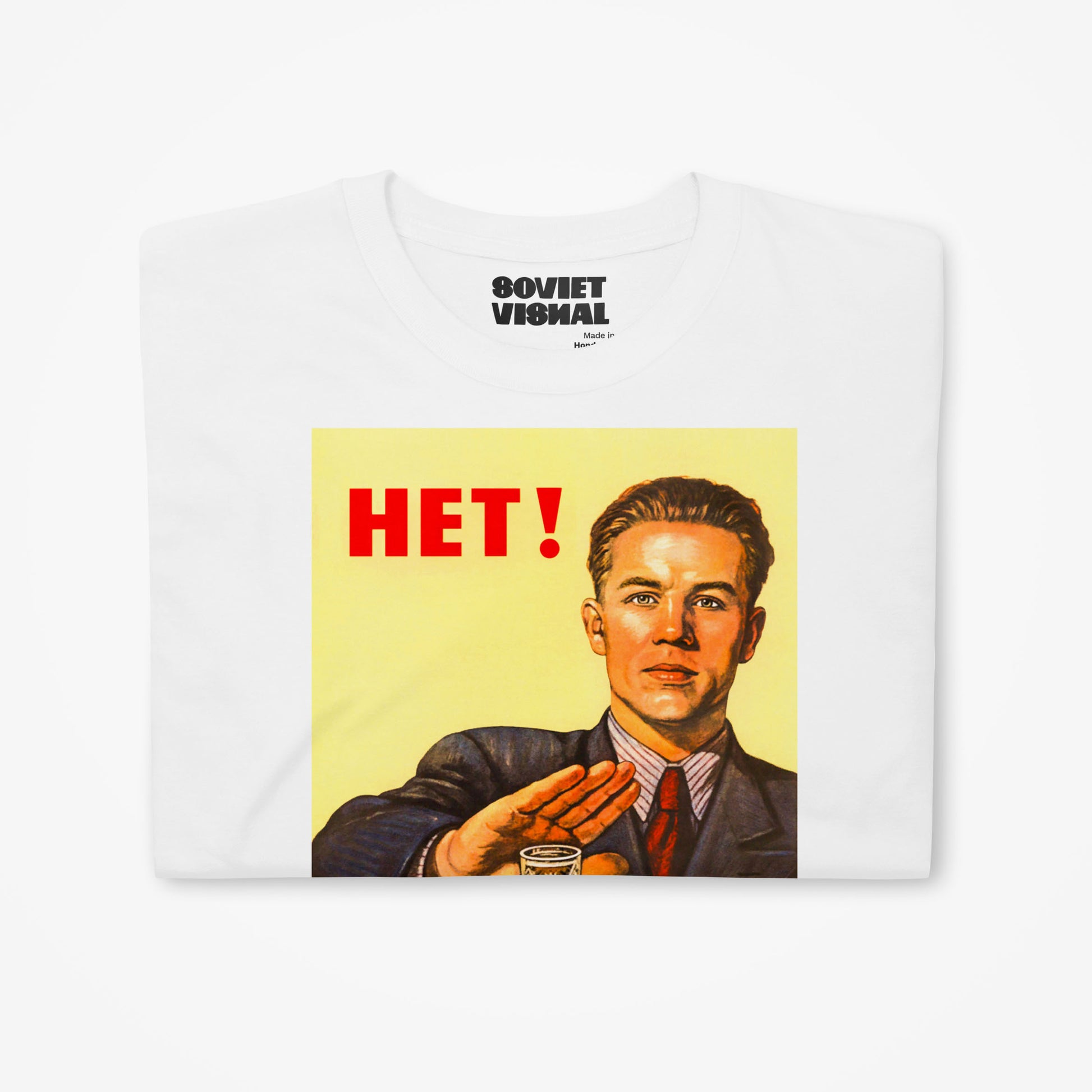 Soviet anti alcoholism propaganda print T-shirt with a man refusing an offer to have a drink - closeup photo
