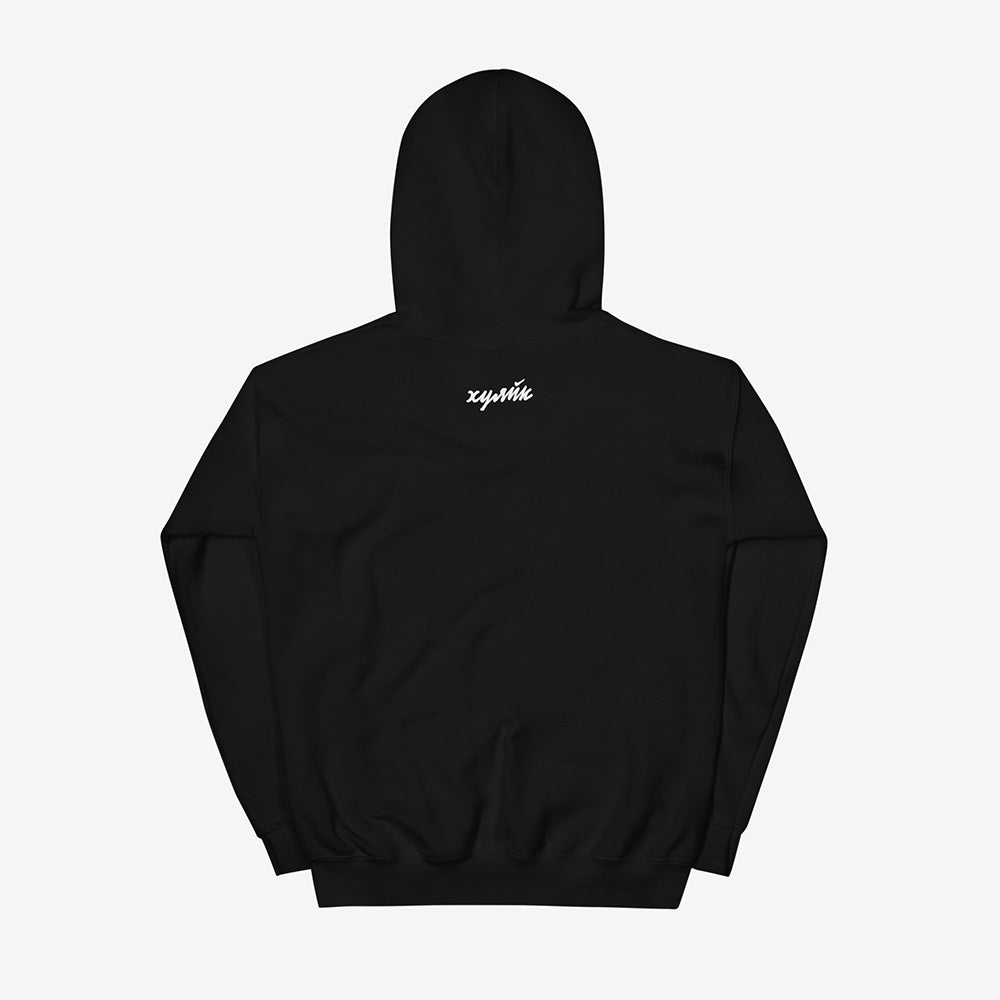 Funny Russian ХУЯЙК parody logo design in bold Cyrillic lettering on premium unisex hoodie – a play on Nike with Russian Gopnik slang twist, perfect for expats and streetwear lovers