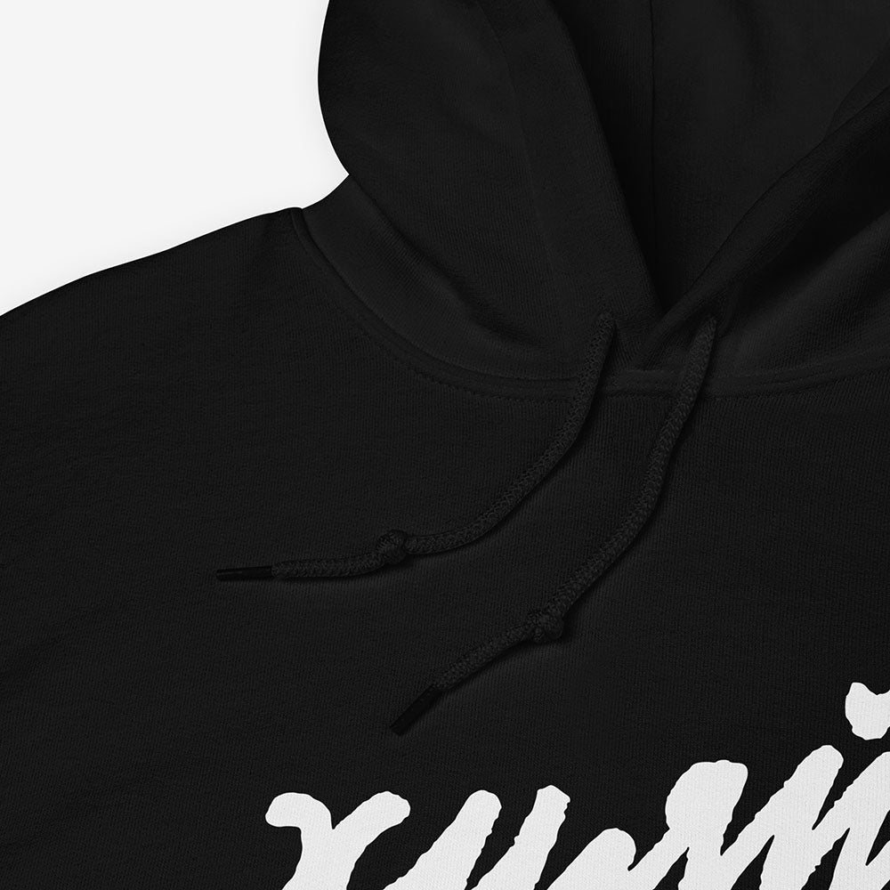 Funny Russian ХУЯЙК parody logo design in bold Cyrillic lettering on premium unisex hoodie – a play on Nike with Russian Gopnik slang twist, perfect for expats and streetwear lovers