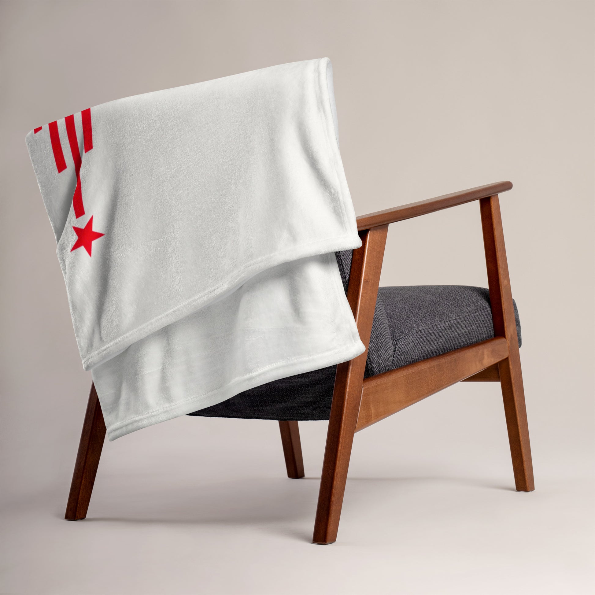 Large white blanket with Soviet Olympic Bear Misha and Moscow 1980 Olympic Games logo - lying on the armchair