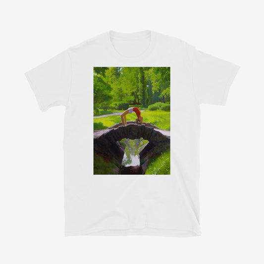 T-shirt with fit Soviet girl in Moscow 1980 outfit doing bridge pose on park bridge – exclusive retro Olympics art