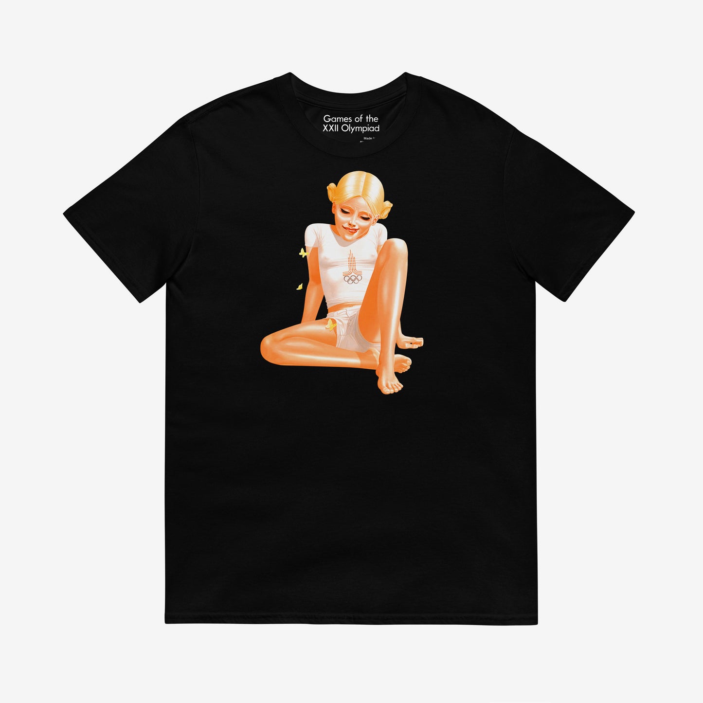 Unisex black tee with a sexy Soviet Pioneer girl in short shorts wearing a Moscow 1980 Olympics shirt through which her nipples seen. www.artsoviet.com