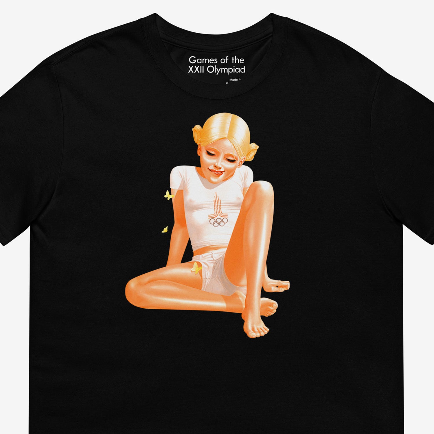 Unisex black tee with a sexy Soviet Pioneer girl in short shorts wearing a Moscow 1980 Olympics shirt through which her nipples seen. Closeup photo. www.artsoviet.com