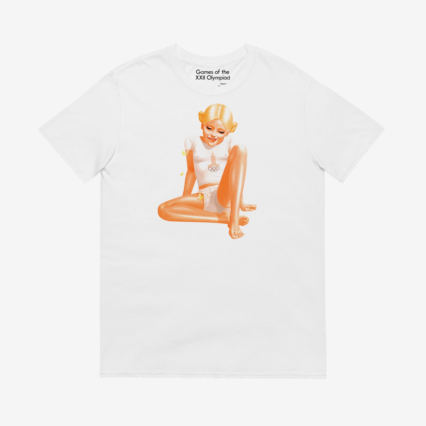 Unisex white tee with a sexy Soviet Pioneer girl in short shorts wearing a Moscow 1980 Olympics shirt through which her nipples seen. www.artsoviet.com