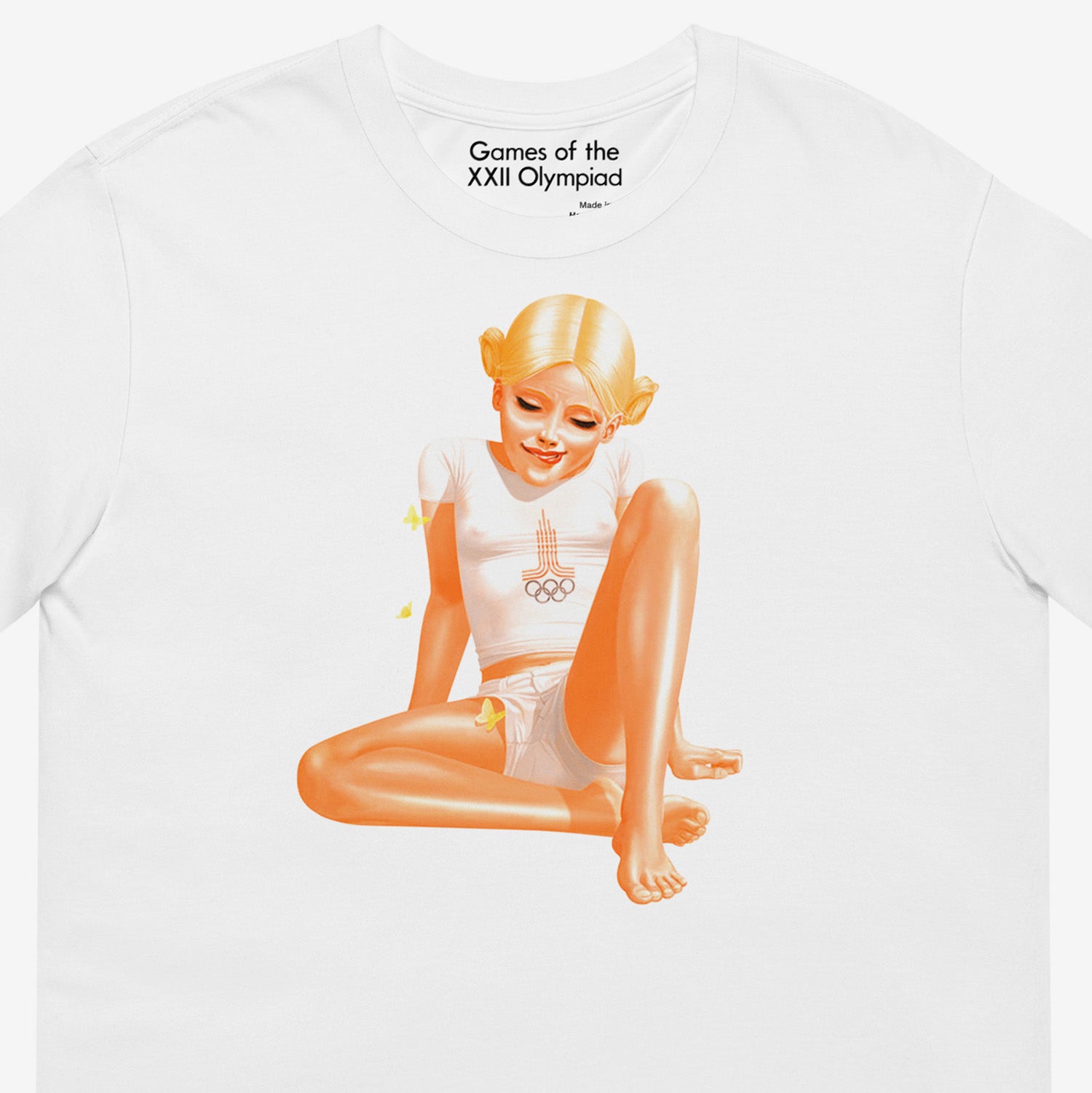 Unisex white tee with a sexy Soviet Pioneer girl in short shorts wearing a Moscow 1980 Olympics shirt through which her nipples seen. Closeup photo. www.artsoviet.com