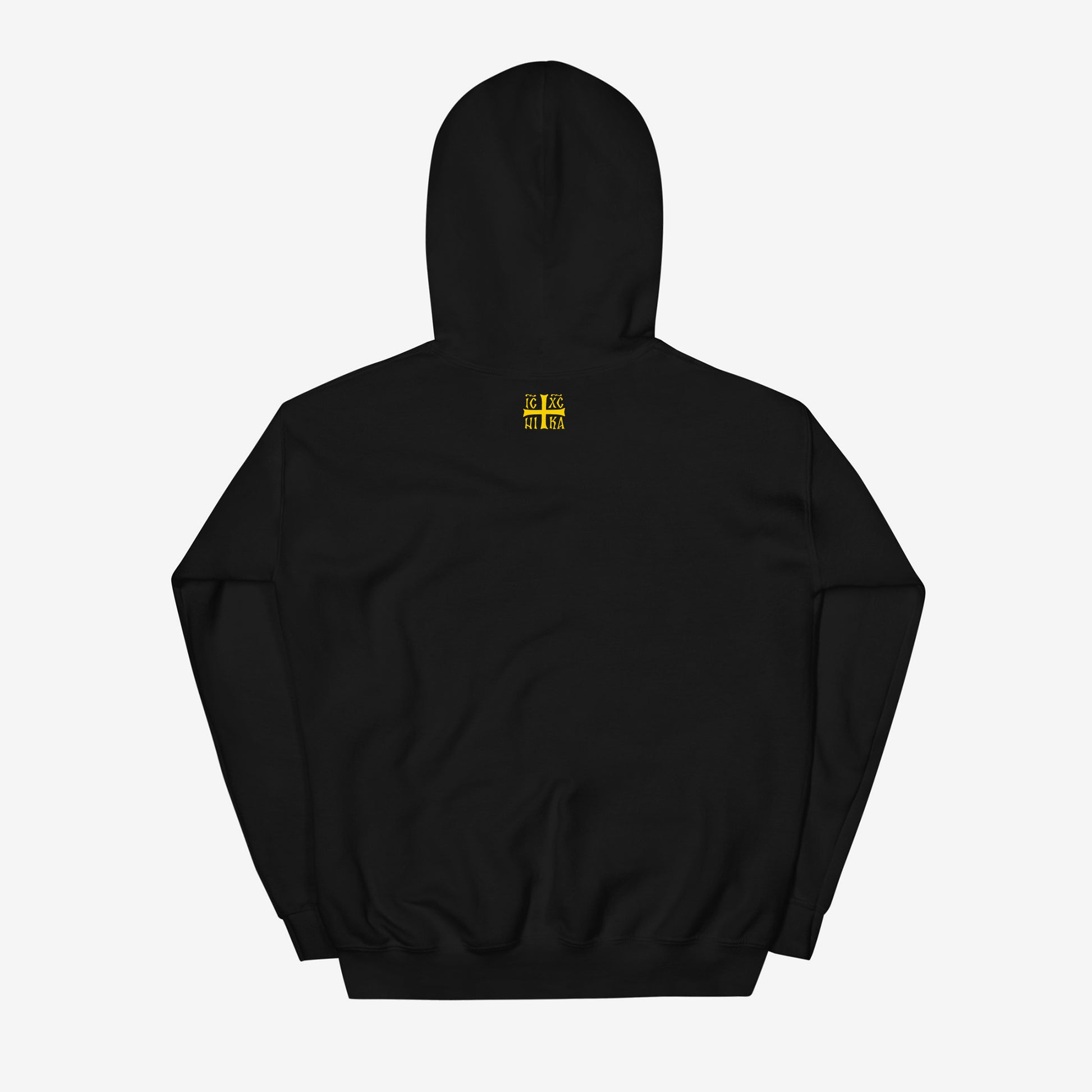 Спаси и Сохрани (save and Protect) Spasi i Sokhrani hoodie, Old Russian Orthodox Cyrillic calligraphy on black unisex hoodie.  Back side photo with small INIKI cross on the neck side. www.artsoviet.com