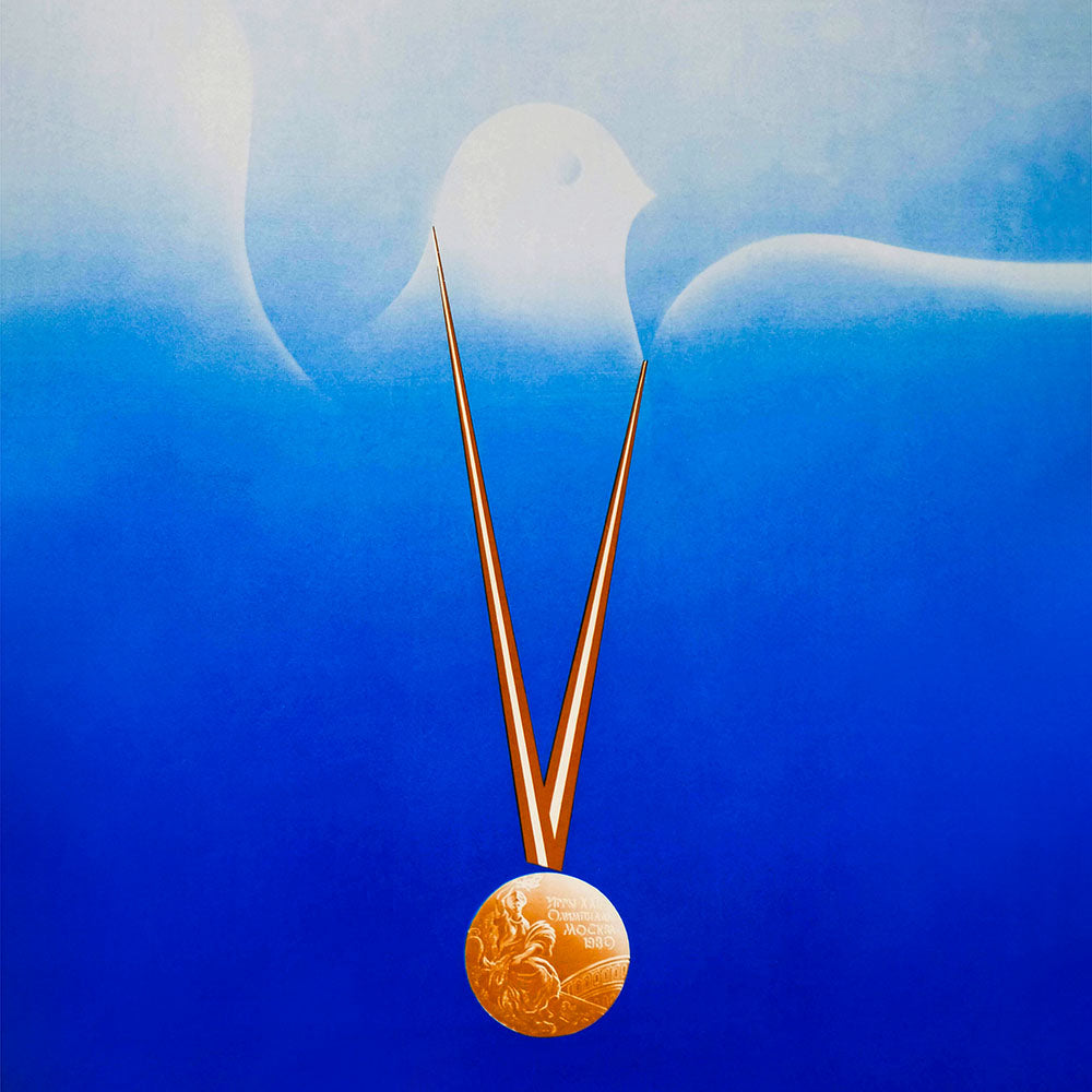 1980 Soviet Olympic poster with white pigeon and Пусть мир победит! message