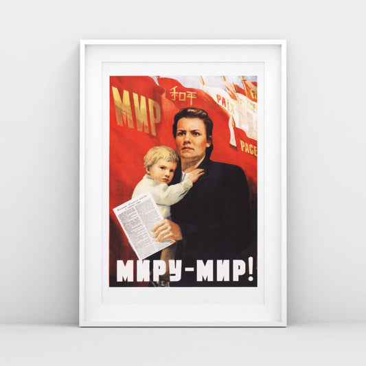 Front view of the large Soviet poster showcasing the woman, baby, and multilingual “Peace” flag, shot in a minimalist setting with natural lighting