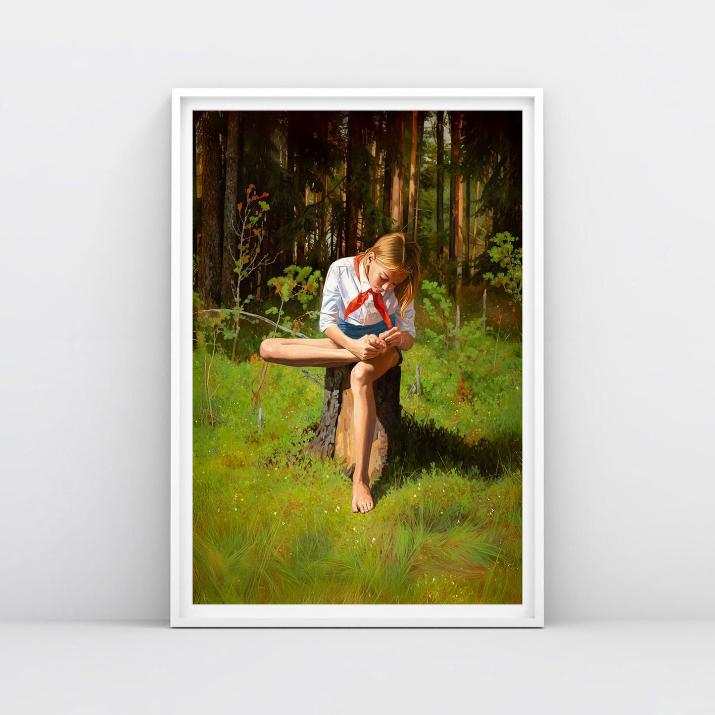 Poster of barefoot Soviet Pioneer girl sitting in shorts , white shirt and red scarf on tree stump in forest