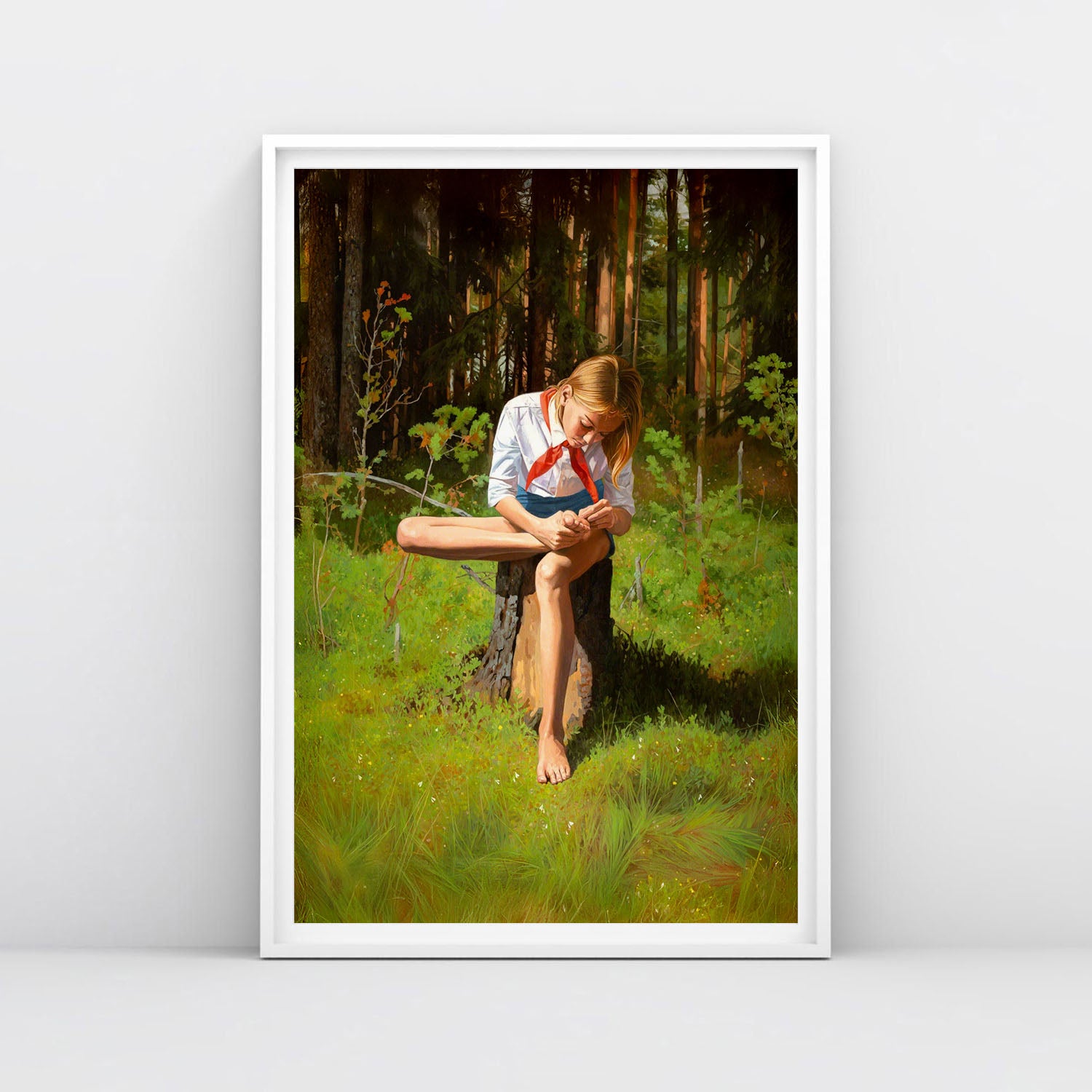 Poster of barefoot Soviet Pioneer girl sitting in shorts , white shirt and red scarf on tree stump in forest