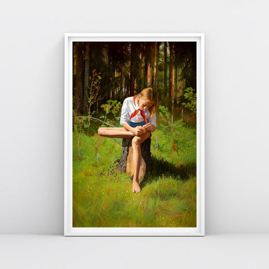 Poster of barefoot Soviet Pioneer girl sitting in shorts , white shirt and red scarf on tree stump in forest