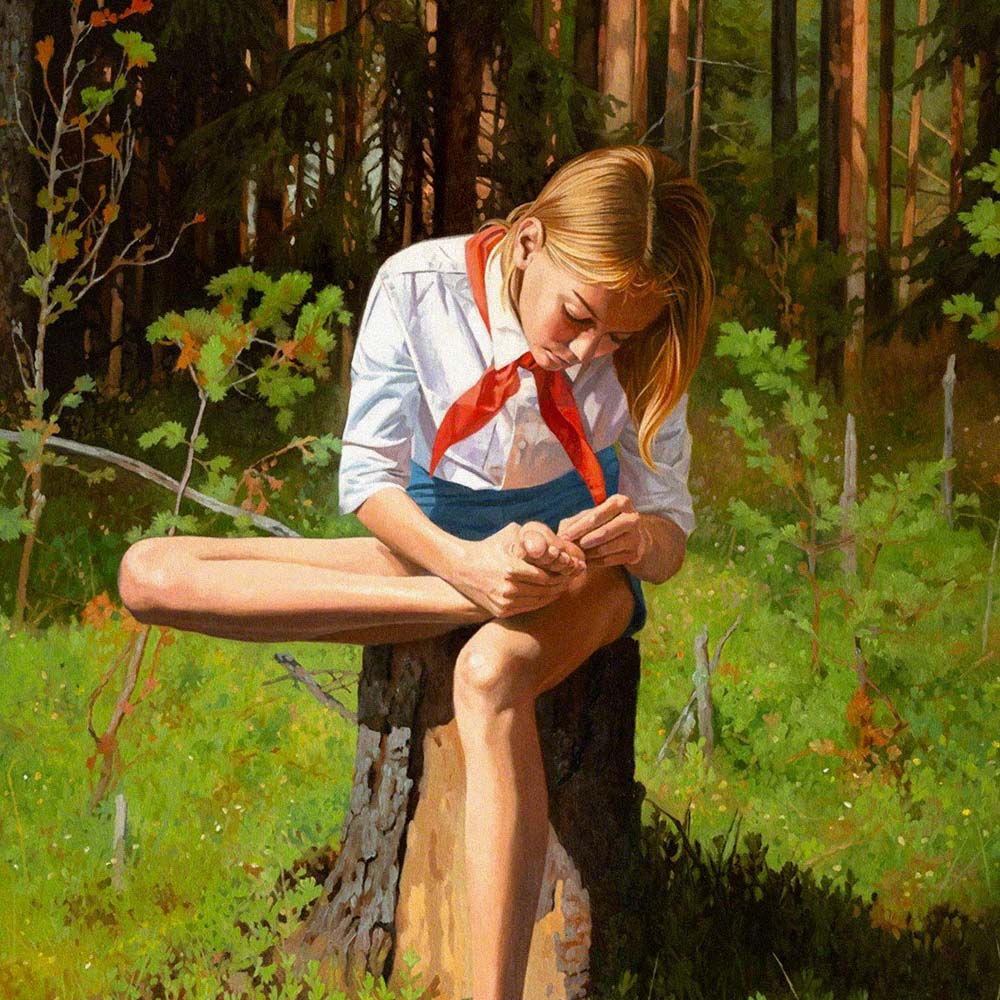Poster of barefoot Soviet Pioneer girl sitting in shorts , white shirt and red scarf on tree stump in forest