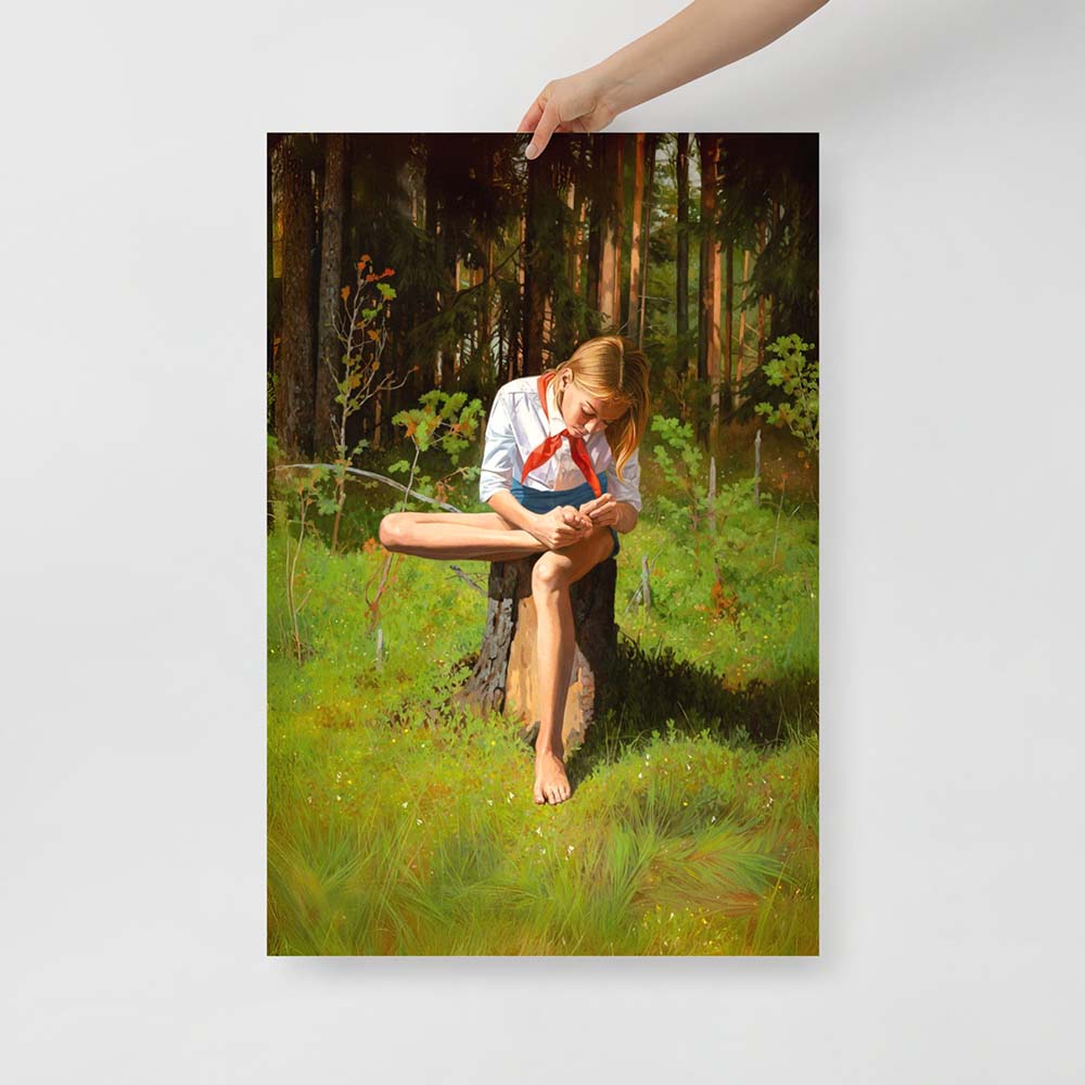 Poster of barefoot Soviet Pioneer girl sitting in shorts , white shirt and red scarf on tree stump in forest