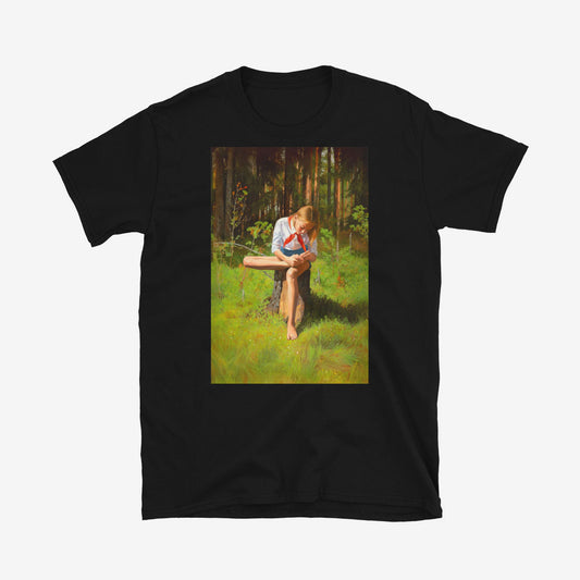Shirt with barefoot cute Soviet Pioneer girl sitting in forest in short shorts, white shirt and red scarf
