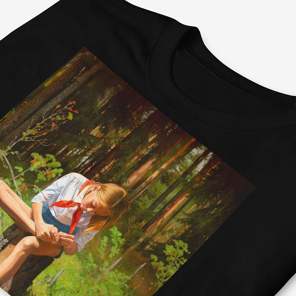 Shirt with barefoot cute Soviet Pioneer girl sitting in forest in short shorts, white shirt and red scarf