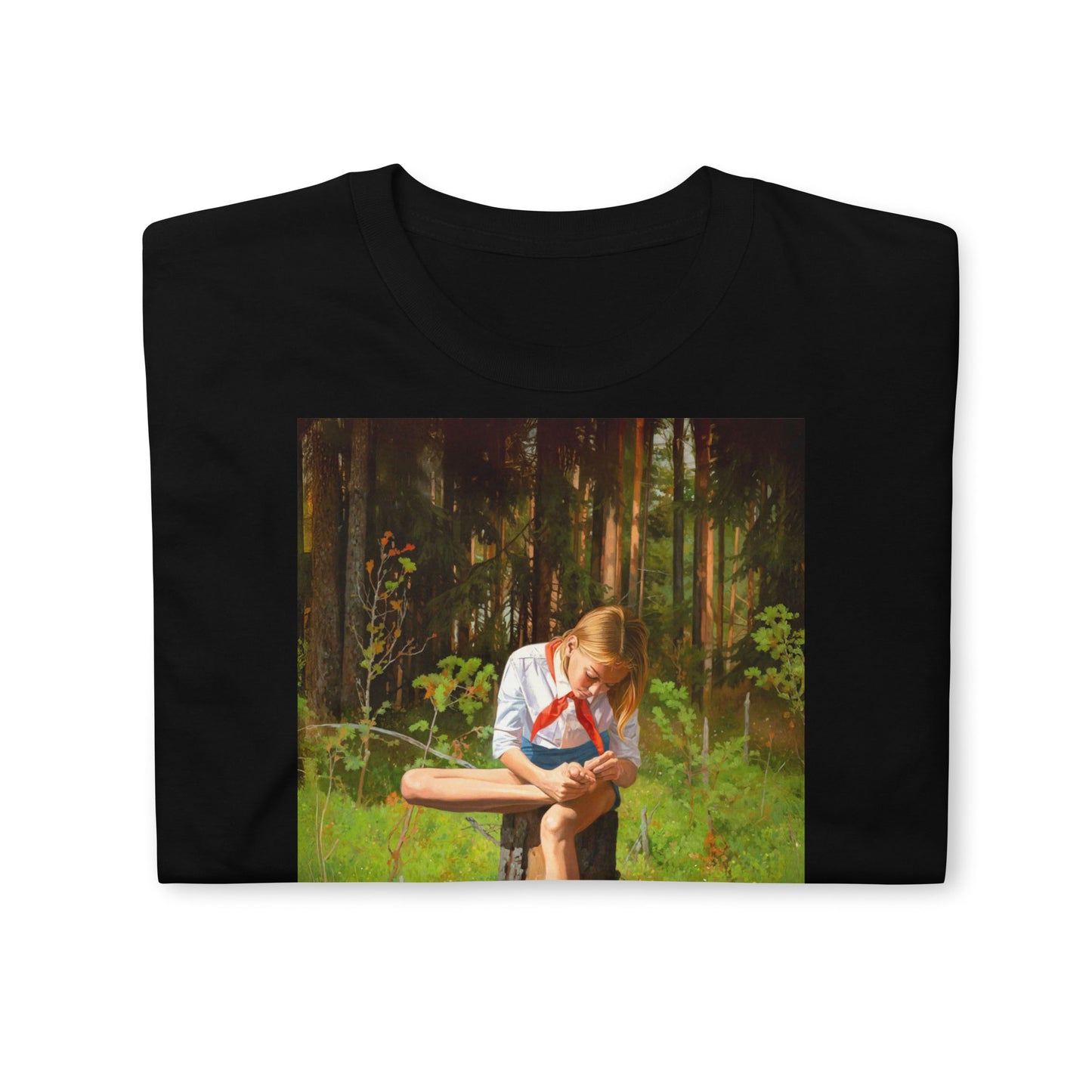 Shirt with barefoot cute Soviet Pioneer girl sitting in forest in short shorts, white shirt and red scarf
