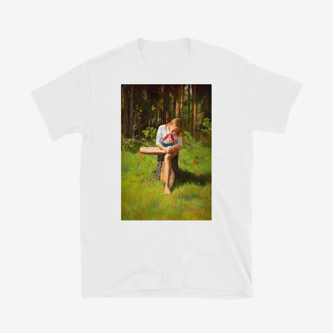 Shirt with barefoot cute Soviet Pioneer girl sitting in forest in short shorts, white shirt and red scarf