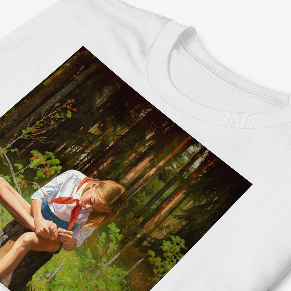 Shirt with barefoot cute Soviet Pioneer girl sitting in forest in short shorts, white shirt and red scarf
