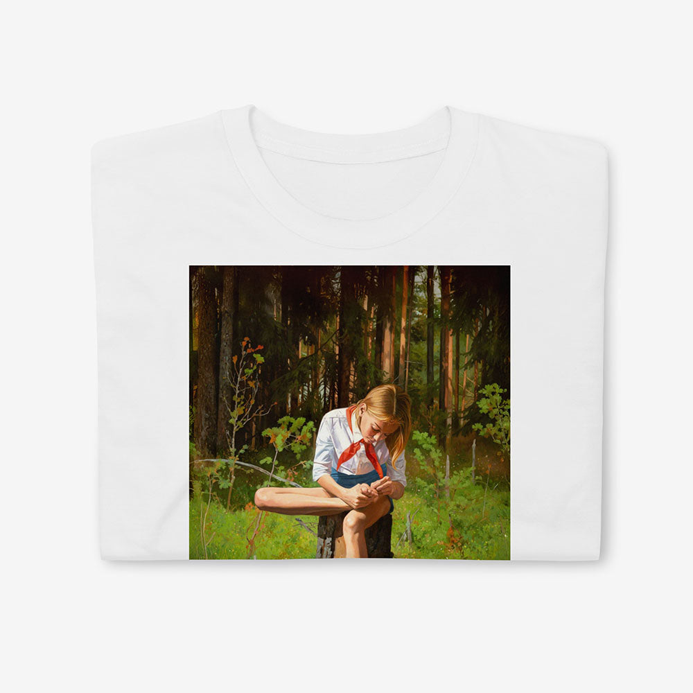 Shirt with barefoot cute Soviet Pioneer girl sitting in forest in short shorts, white shirt and red scarf