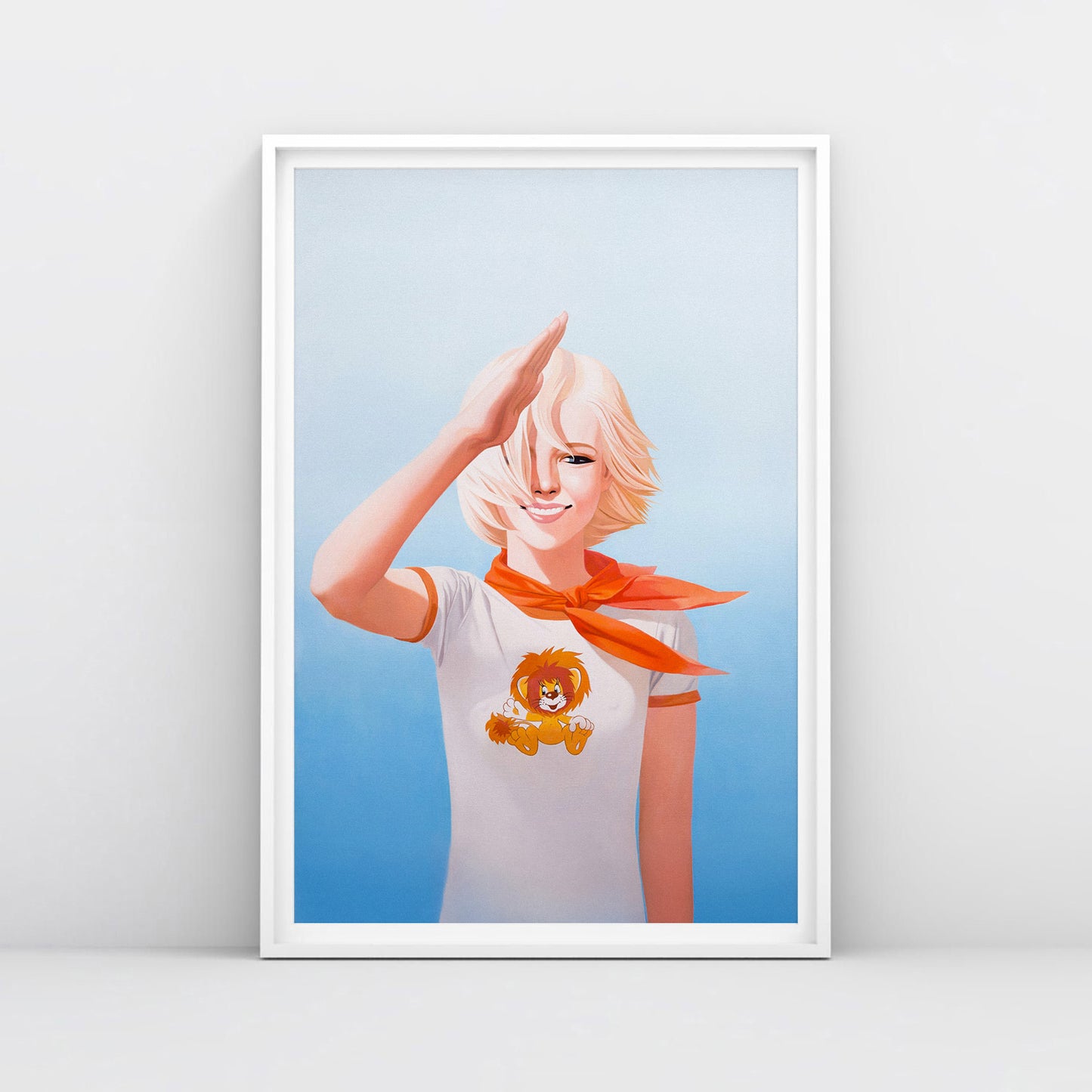 Poster with a cute Soviet Pioneer girl saluting, wearing red scarf and Львёнок lion cub