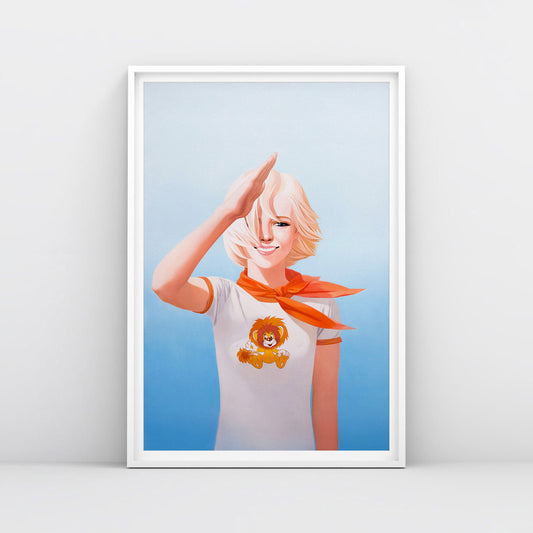 Poster with a cute Soviet Pioneer girl saluting, wearing red scarf and Львёнок lion cub