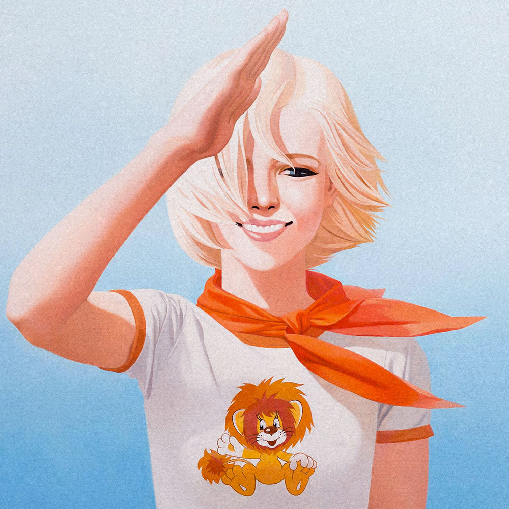Poster with a cute Soviet Pioneer girl saluting, wearing red scarf and Львёнок lion cub