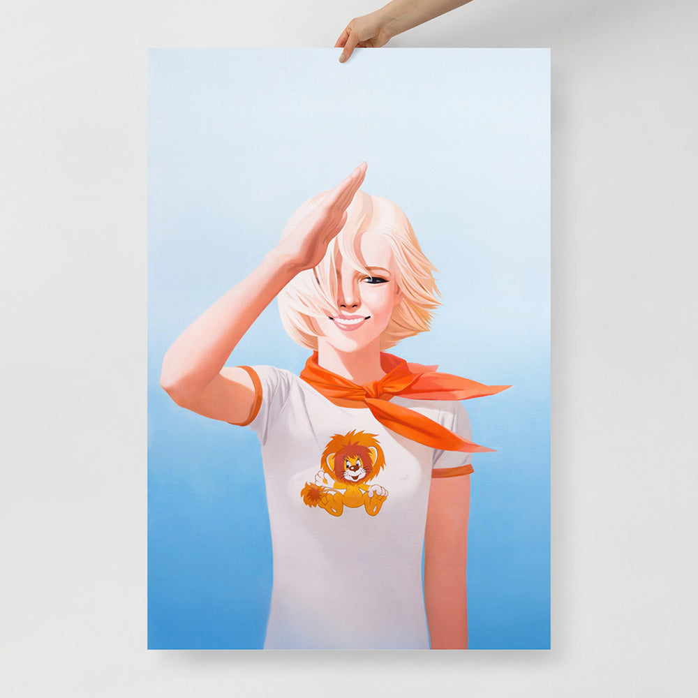 Poster with a cute Soviet Pioneer girl saluting, wearing red scarf and Львёнок lion cub