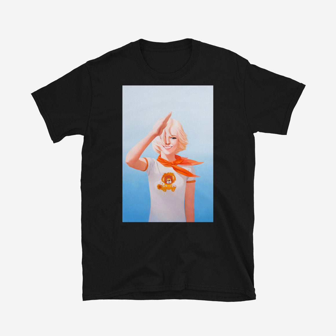 Cute saluting Soviet Pioneer girl Tee with Львёнок lion cub cartoon on her shirt