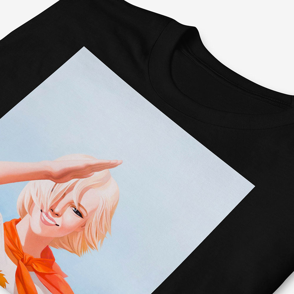 Cute saluting Soviet Pioneer girl Tee with Львёнок lion cub cartoon on her shirt