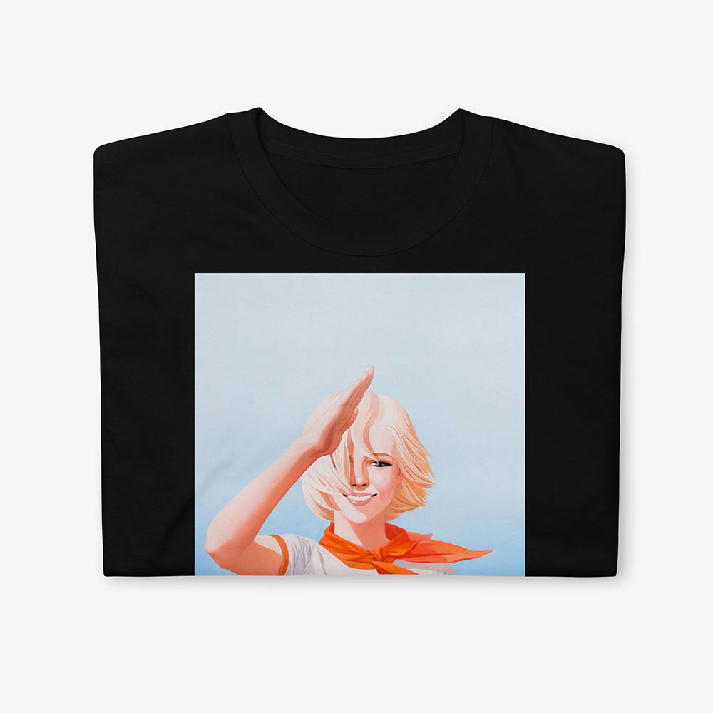 Cute saluting Soviet Pioneer girl Tee with Львёнок lion cub cartoon on her shirt