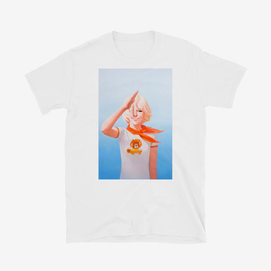 Cute saluting Soviet Pioneer girl Tee with Львёнок lion cub cartoon on her shirt