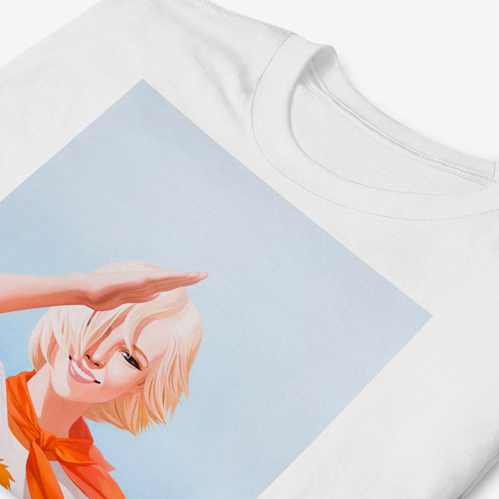 Cute saluting Soviet Pioneer girl Tee with Львёнок lion cub cartoon on her shirt