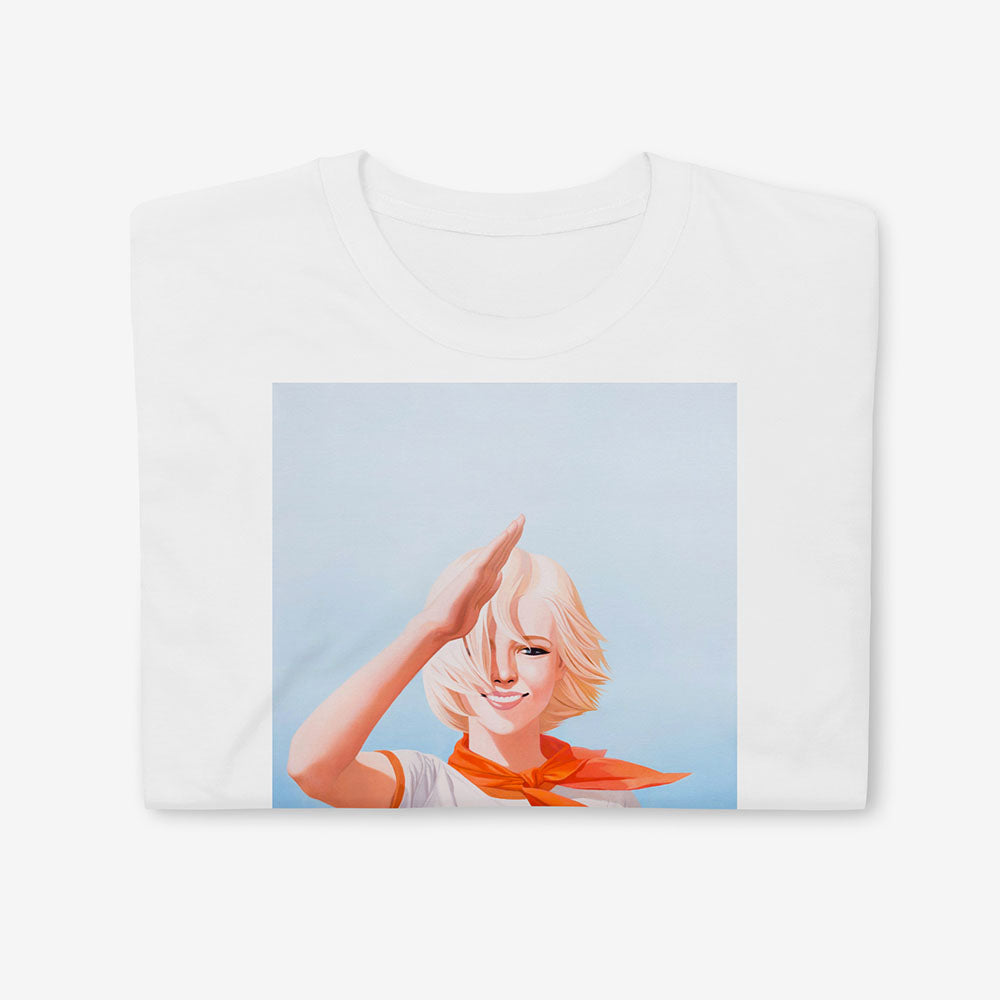 Cute saluting Soviet Pioneer girl Tee with Львёнок lion cub cartoon on her shirt