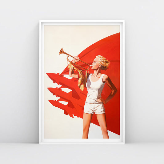 Large poster of sexy blonde Soviet pioneer girl in short shorts holding a red trumpet, with red flag and red rockets in background