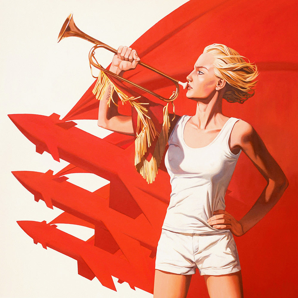 Large poster of sexy blonde Soviet pioneer girl in short shorts holding a red trumpet, with red flag and red rockets in background. Closeup