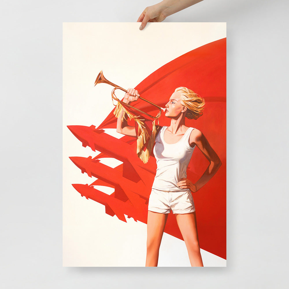 Large poster of sexy blonde Soviet pioneer girl in short shorts holding a red trumpet, with red flag and red rockets in background