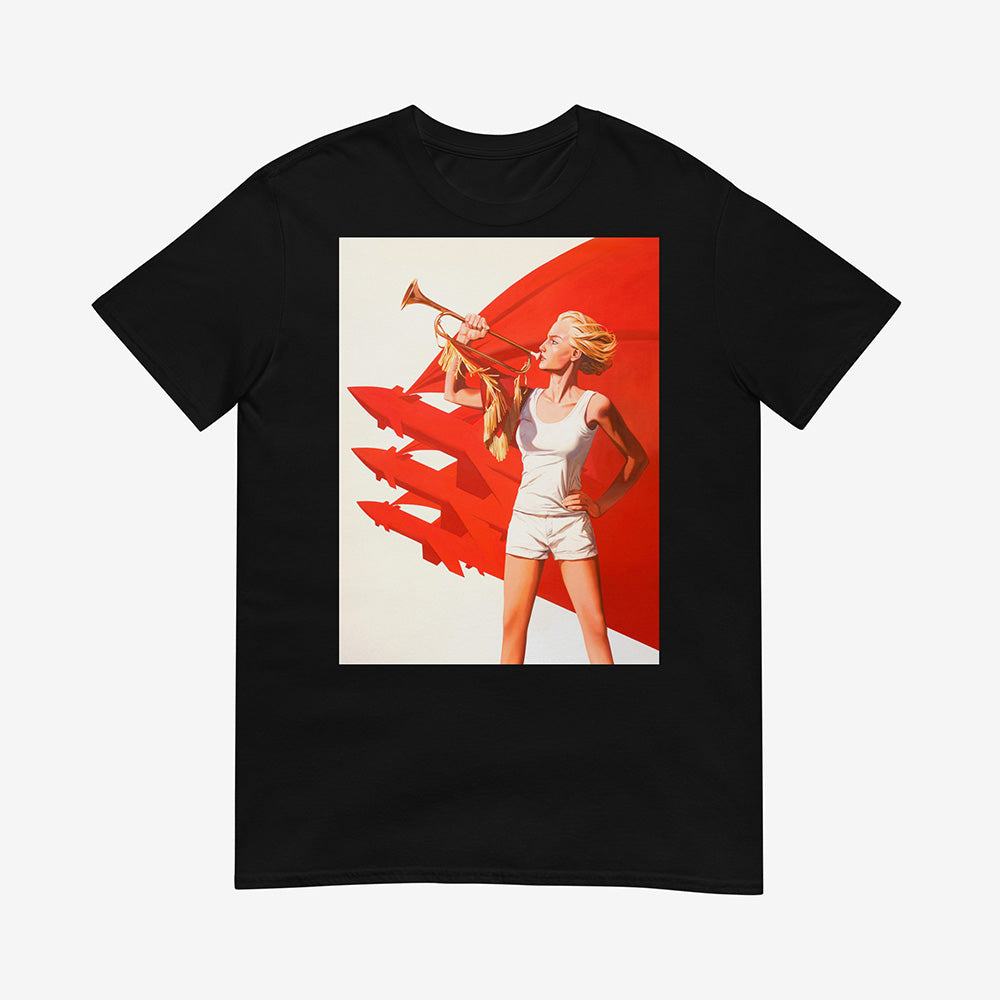 Unisex T-shirt with painting of sexy blonde pioneer girl in shorts holding trumpet with red flag and red rockets in background