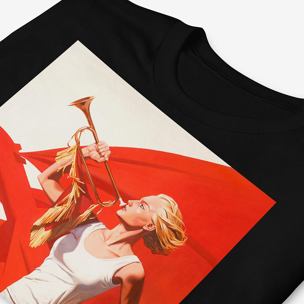 Unisex T-shirt with painting of sexy blonde pioneer girl in shorts holding trumpet with red flag and red rockets in background